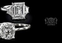 Leon Mege three-stone ring with an emerald cut diamond r8172 next to 410™ solitaire r8175