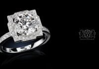 Leon Megé Art Deco engagement ring with a round diamond in a fancy halo with bright-cut pave r8621