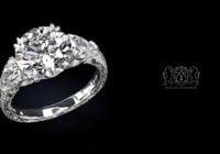 Leon Megé bespoke hand-engraved three-stone ring with round and pear-shaped diamonds r8502